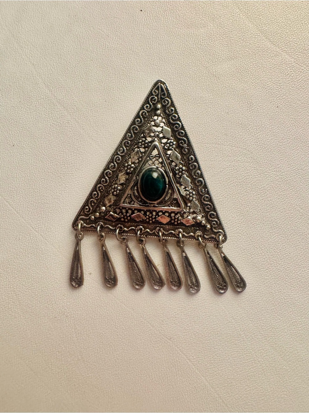 Vintage sterling silver Israel Pendant/Brooch with Green Stone Accent